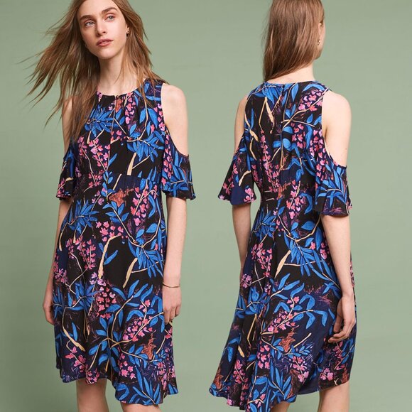Anthropologie Maeve Elia Open Shoulder Navy Blue Floral Ruffle Sleeve Mini Dress - Picture 11 of 16